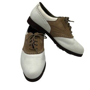 FootJoy Terrains Golf Shoes Womens 7.5M White Tan Cleats Oxford Leather Lace Up